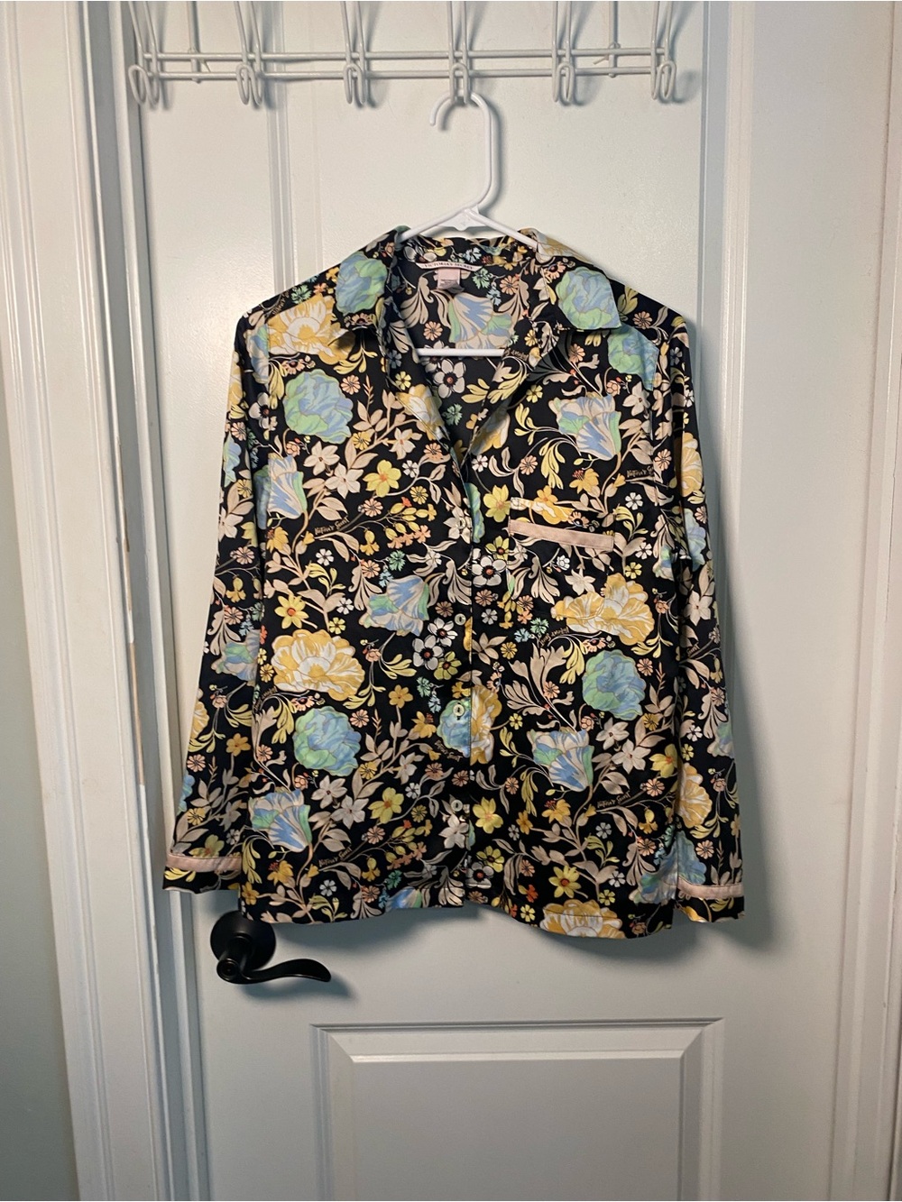 Victoria's Secret Black Floral Button-Down PJ Top with Yellow & Blue Flowers
